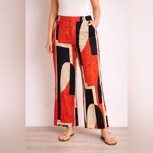 Zara Retro Colorblock Red Black Linen Blend High Waisted Wide Leg Pants Size XS